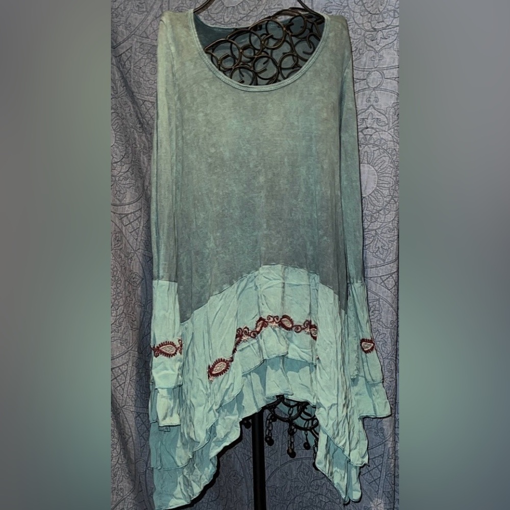 T Party Fashion Teal Top with Red Embroidery